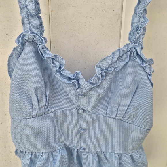 E & M Tops - E&M Blue Seersucker Ruffle Peplum Camisole Cottagecore, Coquette Large